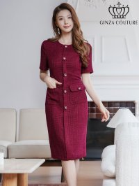 [送料無料][GINZA COUTURE]ワインレッド・グレー・半袖・ツイード・タイト・フロントポケット・ポイントボタン・ミディアムドレス・ワンピース[即日発送][大きいサイズあり]