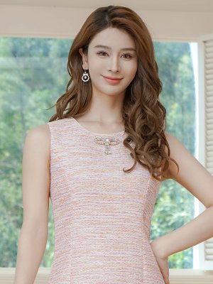 画像10: [送料無料][GINZA COUTURE]ブルー・ピンク・ノースリーブ・ビジューブローチ・ツイード・金糸・裾プリーツ・Aライン・ミニドレス・ワンピース[即日発送][大きいサイズあり]