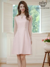 [送料無料][GINZA COUTURE]ピンク・ホワイト・長袖・シースルー・サマーツイード・ドット・パール・ビジューボタン・Aライン・ミニドレス・ワンピース[即日発送][大きいサイズあり]