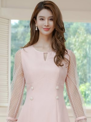 画像9: [送料無料][GINZA COUTURE]ホワイト・ピンク・長袖・シースルー・サマーツイード・ドット・パール・ビジューボタン・Aライン・ミニドレス・ワンピース[即日発送][大きいサイズあり]