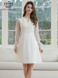 [送料無料][GINZA COUTURE]ホワイト・ピンク・長袖・シースルー・サマーツイード・ドット・パール・ビジューボタン・Aライン・ミニドレス・ワンピース[即日発送][大きいサイズあり]