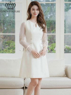 画像2: [送料無料][GINZA COUTURE]ホワイト・ピンク・長袖・シースルー・サマーツイード・ドット・パール・ビジューボタン・Aライン・ミニドレス・ワンピース[即日発送][大きいサイズあり]