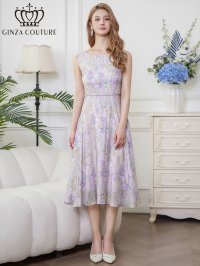 [送料無料][GINZA COUTURE]パープル・ノースリーブ・花柄・プリント・ボールチェーン・切替・Aライン・ミディアムドレス・ワンピース[即日発送][大きいサイズあり]