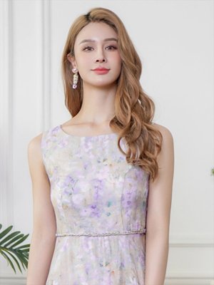 画像4: [送料無料][GINZA COUTURE]パープル・ノースリーブ・花柄・プリント・ボールチェーン・切替・Aライン・ミディアムドレス・ワンピース[即日発送][大きいサイズあり]