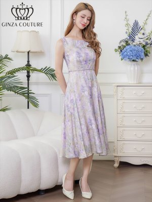 画像5: [送料無料][GINZA COUTURE]パープル・ノースリーブ・花柄・プリント・ボールチェーン・切替・Aライン・ミディアムドレス・ワンピース[即日発送][大きいサイズあり]