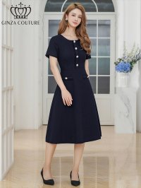 [送料無料][GINZA COUTURE]ネイビー・イエロー・フリンジ・ビジュー・パールボタン・上品・半袖・Aライン・ミディアムドレス・ワンピース[即日発送][大きいサイズあり]