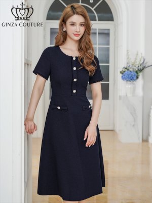 画像2: [送料無料][GINZA COUTURE]ネイビー・イエロー・フリンジ・ビジュー・パールボタン・上品・半袖・Aライン・ミディアムドレス・ワンピース[即日発送][大きいサイズあり]