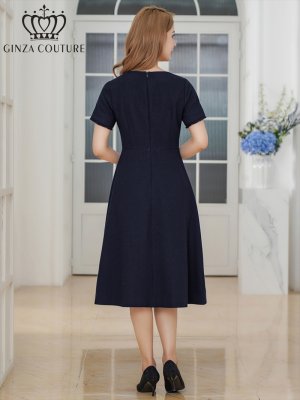 画像3: [送料無料][GINZA COUTURE]ネイビー・イエロー・フリンジ・ビジュー・パールボタン・上品・半袖・Aライン・ミディアムドレス・ワンピース[即日発送][大きいサイズあり]