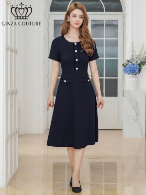 画像5: [送料無料][GINZA COUTURE]ネイビー・イエロー・フリンジ・ビジュー・パールボタン・上品・半袖・Aライン・ミディアムドレス・ワンピース[即日発送][大きいサイズあり]