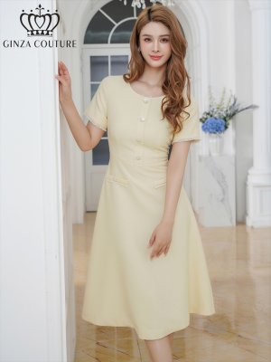 画像1: [送料無料][GINZA COUTURE]イエロー・ネイビー・フリンジ・ビジュー・パールボタン・上品・半袖・Aライン・ミディアムドレス・ワンピース[即日発送][大きいサイズあり]