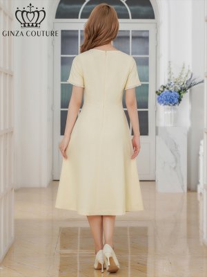 画像9: [送料無料][GINZA COUTURE]ネイビー・イエロー・フリンジ・ビジュー・パールボタン・上品・半袖・Aライン・ミディアムドレス・ワンピース[即日発送][大きいサイズあり]