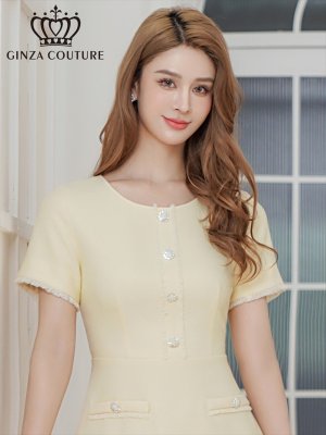 画像10: [送料無料][GINZA COUTURE]ネイビー・イエロー・フリンジ・ビジュー・パールボタン・上品・半袖・Aライン・ミディアムドレス・ワンピース[即日発送][大きいサイズあり]