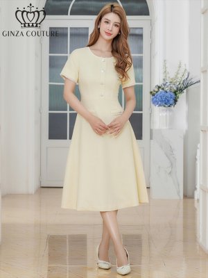 画像11: [送料無料][GINZA COUTURE]ネイビー・イエロー・フリンジ・ビジュー・パールボタン・上品・半袖・Aライン・ミディアムドレス・ワンピース[即日発送][大きいサイズあり]