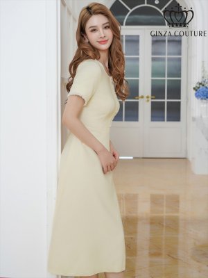 画像12: [送料無料][GINZA COUTURE]ネイビー・イエロー・フリンジ・ビジュー・パールボタン・上品・半袖・Aライン・ミディアムドレス・ワンピース[即日発送][大きいサイズあり]