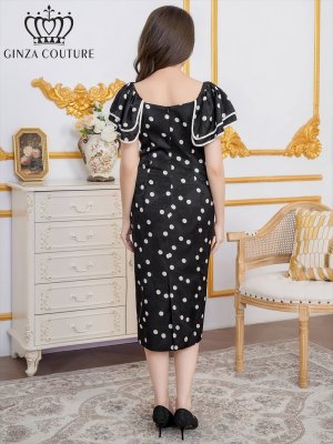 画像3: [送料無料][GINZA COUTURE]ブラック・ホワイト・サテンジャガード・花柄・ドット・プリント・フリルスリーブ・パイピング・ビーズ・ラインストーン・タイト・ミディアムドレス・ワンピース[即日発送][大きいサイズあり]