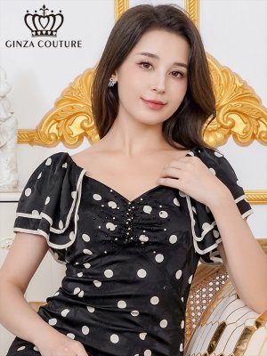 画像4: [送料無料][GINZA COUTURE]ブラック・ホワイト・サテンジャガード・花柄・ドット・プリント・フリルスリーブ・パイピング・ビーズ・ラインストーン・タイト・ミディアムドレス・ワンピース[即日発送][大きいサイズあり]