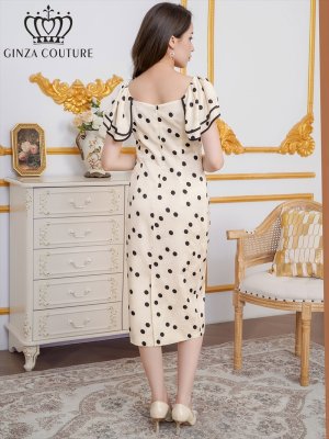 画像9: [送料無料][GINZA COUTURE]ブラック・ホワイト・サテンジャガード・花柄・ドット・プリント・フリルスリーブ・パイピング・ビーズ・ラインストーン・タイト・ミディアムドレス・ワンピース[即日発送][大きいサイズあり]