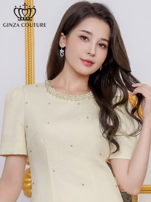画像4: [送料無料][GINZA COUTURE]アイボリー・ピンク・ブラック・半袖・パール・ラインストーン・Aライン・ミニドレス・ワンピース[即日発送][大きいサイズあり]