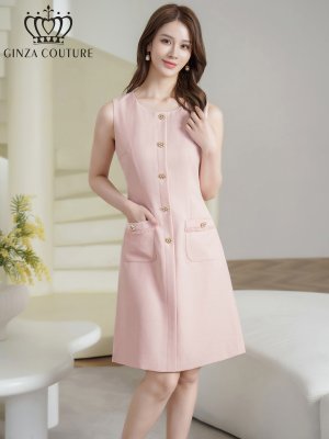 画像1: [送料無料][GINZA COUTURE]ピンク・ホワイト・イエロー・ワンカラー・ツイード・フリンジ・ノースリーブ・ビジューボタン・ポケット・Aライン・ミニドレス・ワンピース[即日発送][大きいサイズあり]