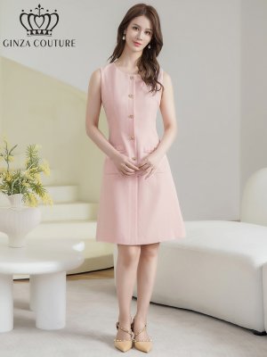 画像5: [送料無料][GINZA COUTURE]ピンク・ホワイト・イエロー・ワンカラー・ツイード・フリンジ・ノースリーブ・ビジューボタン・ポケット・Aライン・ミニドレス・ワンピース[即日発送][大きいサイズあり]