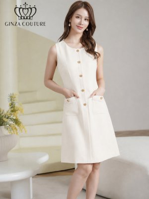 画像12: [送料無料][GINZA COUTURE]イエロー・ホワイト・ピンク・ワンカラー・ツイード・フリンジ・ノースリーブ・ビジューボタン・ポケット・Aライン・ミニドレス・ワンピース[即日発送][大きいサイズあり]