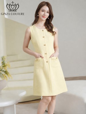 画像8: [送料無料][GINZA COUTURE]ピンク・ホワイト・イエロー・ワンカラー・ツイード・フリンジ・ノースリーブ・ビジューボタン・ポケット・Aライン・ミニドレス・ワンピース[即日発送][大きいサイズあり]