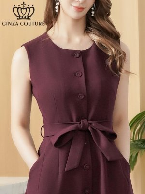 画像4: [送料無料][GINZA COUTURE]ワインレッド・ネイビー・ワンカラー・シンプル・ノースリーブ・前ボタン・リボンベルト・ポケット・Aライン・ミディアムドレス・ワンピース[即日発送][大きいサイズあり]