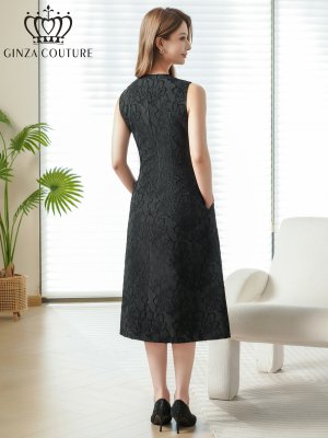 画像3: [送料無料][GINZA COUTURE]ブラック・グレー・花柄・シワ加工・ノースリーブ・ブローチ・ポケット・Aライン・ミディアムドレス・ワンピース[即日発送][大きいサイズあり]