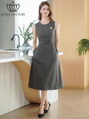 画像11: [送料無料][GINZA COUTURE]ワインレッド・グレー・ワンカラー・ラメ・シンプル・ブローチ・ベルト・ノースリーブ・Aライン・ミディアムドレス・ワンピース[即日発送][大きいサイズあり]