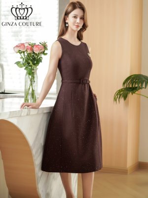 画像2: [送料無料][GINZA COUTURE]ワインレッド・グレー・ワンカラー・ラメ・シンプル・ブローチ・ベルト・ノースリーブ・Aライン・ミディアムドレス・ワンピース[即日発送][大きいサイズあり]