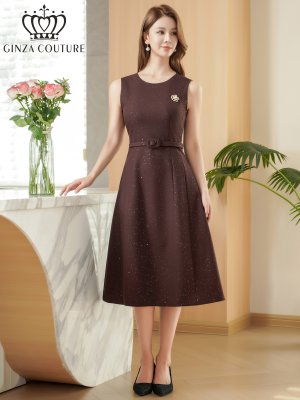画像5: [送料無料][GINZA COUTURE]ワインレッド・グレー・ワンカラー・ラメ・シンプル・ブローチ・ベルト・ノースリーブ・Aライン・ミディアムドレス・ワンピース[即日発送][大きいサイズあり]