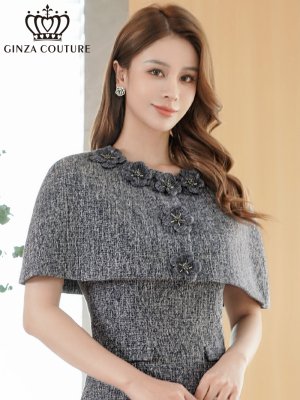 画像4: [送料無料][GINZA COUTURE]グレー・ピンク・ツイード・ケープ・お花・ノースリーブ・タイト・ミディアムドレス・ワンピース[即日発送][大きいサイズあり]