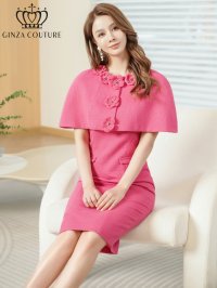 [送料無料][GINZA COUTURE]ピンク・グレー・ツイード・ケープ・お花・ノースリーブ・タイト・ミディアムドレス・ワンピース[即日発送][大きいサイズあり]