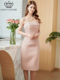 [送料無料][GINZA COUTURE]ピンク・アイボリー・ワンカラー・スプリングツイード・お花・スパンコール・ビーズ・ノースリーブ・タイト・ミディアムドレス・ワンピース[即日発送][大きいサイズあり]
