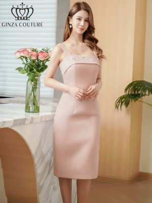 画像1: [送料無料][ERUKEI]ピンク・アイボリー・ワンカラー・スプリングツイード・お花・スパンコール・ビーズ・ノースリーブ・タイト・ミディアムドレス・ワンピース[即日発送][大きいサイズあり]