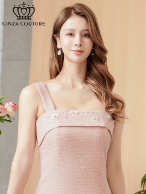 画像3: [送料無料][ERUKEI]ピンク・アイボリー・ワンカラー・スプリングツイード・お花・スパンコール・ビーズ・ノースリーブ・タイト・ミディアムドレス・ワンピース[即日発送][大きいサイズあり]