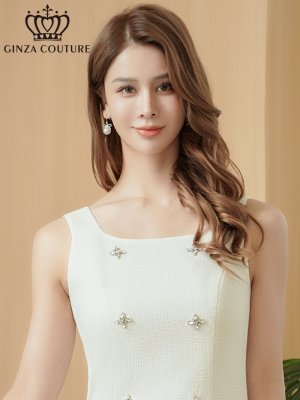画像3: [送料無料][GINZA COUTURE]ホワイト・グリーン・ツイード・ビジューボタン・スクエアネック・ノースリーブ・タイト・スリット・ミディアムドレス・ワンピース[即日発送][大きいサイズあり]