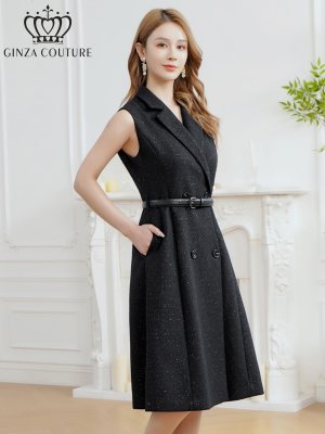 画像2: [送料無料][GINZA COUTURE]ブラック・ワンカラー・シンプル・ラメ・Vネック・ノースリーブ・襟・ポケット・ベルト・Aライン・ミディアムドレス・ワンピース[即日発送][大きいサイズあり]