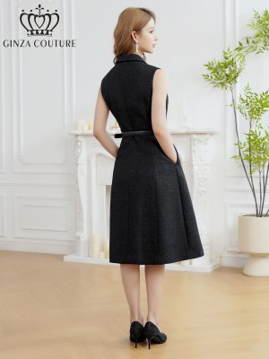 画像3: [送料無料][GINZA COUTURE]ブラック・ワンカラー・シンプル・ラメ・Vネック・ノースリーブ・襟・ポケット・ベルト・Aライン・ミディアムドレス・ワンピース[即日発送][大きいサイズあり]