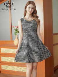 [送料無料][GINZA COUTURE]ブラック・ツイード・金糸MIX・チェック柄・ビーズ・スパンコール・ノースリーブ・ポケット・Aライン・ミニドレス・ワンピース[即日発送][大きいサイズあり]