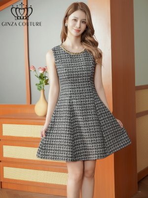 画像1: [送料無料][GINZA COUTURE]ブラック・ツイード・金糸MIX・チェック柄・ビーズ・スパンコール・ノースリーブ・ポケット・Aライン・ミニドレス・ワンピース[即日発送][大きいサイズあり]