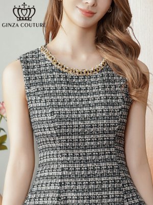 画像4: [送料無料][GINZA COUTURE]ブラック・ツイード・金糸MIX・チェック柄・ビーズ・スパンコール・ノースリーブ・ポケット・Aライン・ミニドレス・ワンピース[即日発送][大きいサイズあり]