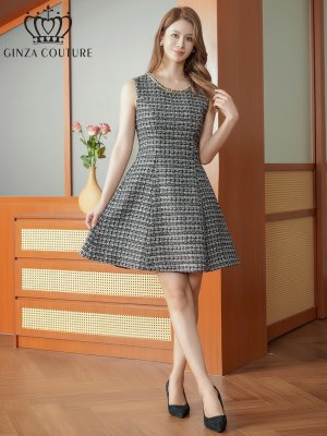画像5: [送料無料][GINZA COUTURE]ブラック・ツイード・金糸MIX・チェック柄・ビーズ・スパンコール・ノースリーブ・ポケット・Aライン・ミニドレス・ワンピース[即日発送][大きいサイズあり]