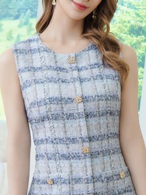 画像4: [送料無料][GINZA COUTURE]ブルー・ピンク・チェック柄・ツイード・ノースリーブ・ビジューボタン・ポケット・Aライン・ミニドレス・ワンピース[即日発送][大きいサイズあり]