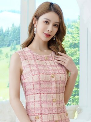画像10: [送料無料][GINZA COUTURE]ブルー・ピンク・チェック柄・ツイード・ノースリーブ・ビジューボタン・ポケット・Aライン・ミニドレス・ワンピース[即日発送][大きいサイズあり]