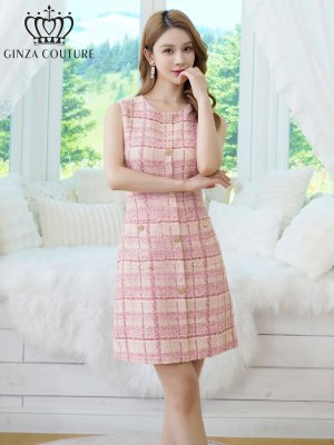 画像12: [送料無料][GINZA COUTURE]ブルー・ピンク・チェック柄・ツイード・ノースリーブ・ビジューボタン・ポケット・Aライン・ミニドレス・ワンピース[即日発送][大きいサイズあり]