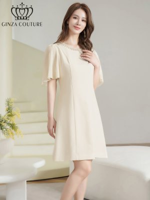 画像2: [送料無料][GINZA COUTURE]アイボリー・ブラック・ワンカラー・ラインストーン・パール・フリルスリーブ・Aライン・シンプル・ミニドレス・ワンピース[即日発送][大きいサイズあり]