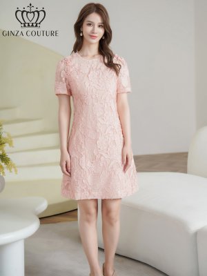 画像1: [送料無料][GINZA COUTURE]ピンク・イエロー・ワンカラー・フリンジジャガード・ラインストーン・パール・半袖・フリル・Aライン・ミニドレス・ワンピース[即日発送][大きいサイズあり]