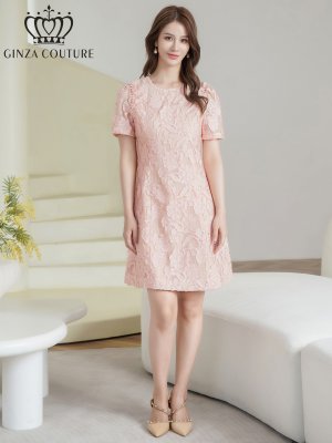 画像5: [送料無料][GINZA COUTURE]ピンク・イエロー・ワンカラー・フリンジジャガード・ラインストーン・パール・半袖・フリル・Aライン・ミニドレス・ワンピース[即日発送][大きいサイズあり]