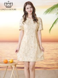 [送料無料][GINZA COUTURE]イエロー・ピンク・ワンカラー・フリンジジャガード・ラインストーン・パール・半袖・フリル・Aライン・ミニドレス・ワンピース[即日発送][大きいサイズあり]